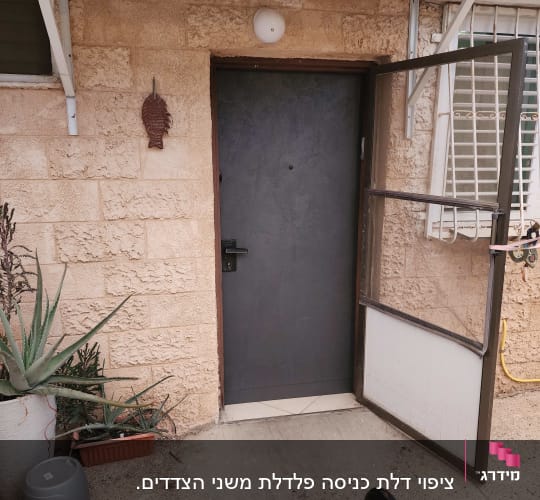 דלת מתכת אפורה עם מסגרת מתכת פתוחה, צמחי עציץ ליד הכניסה